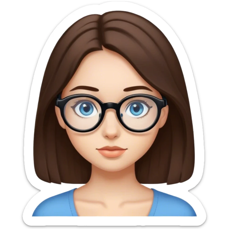 girl with medium-length brown hair, fair skin and blue eyes in black rounded glasses sticker