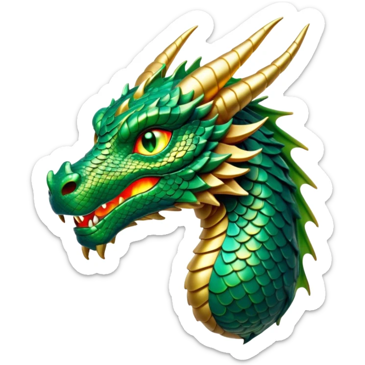 Cinematic Noble Dragon Portrait Emoji, Poised and majestic, with a sinuous, elongated body covered in intricately detailed, shimmering scales in hues of emerald and gold, and piercing, fiery eyes that reflect ancient wisdom; rendered with lifelike texture and natural highlights, high shine, intelligent and formidable, styled with an aura of mythic power, focused and attentive, soft glowing outline, capturing the essence of a legendary dragon that appears ready to soar out of the screen with timeless authority! sticker