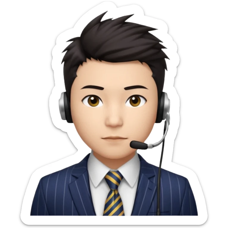 30 years old full kind of chubby face, very asian, short dark hair styled upward with a spiked swoop in front, a clean-shaven face, focused eyes, and a slim headset over one ear, wearing a dark pinstripe suit with a patterned dress shirt and a bright solid-colored tie visible from the chest up. sticker