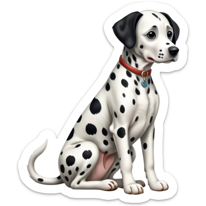 cinematic-[dalmatian dog]-realistic-full-body-sitting-emoji,-tail-resting-loosely-beside-its-paws,-head-tilted-dramatically,-sleek-[spotted]-fur,-simplified-yet-realistic-focused-features,-highly-detailed,-glowing-with-an-almost-sarcastic-glow sticker