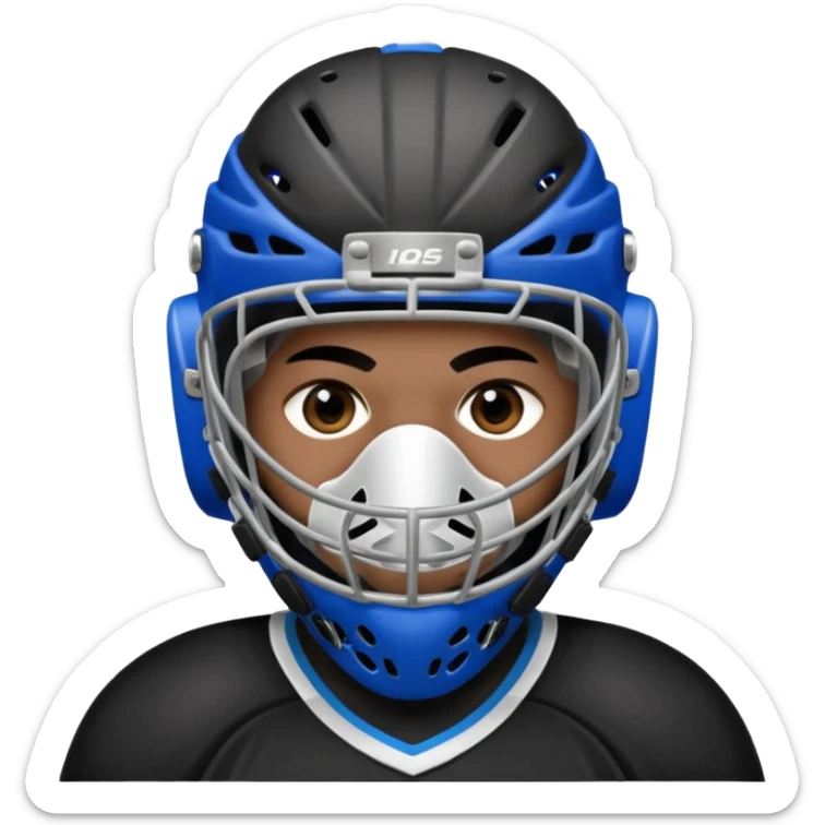 Black player of  ice hockey  who have  a goalkeeper mask which have small holes  sticker