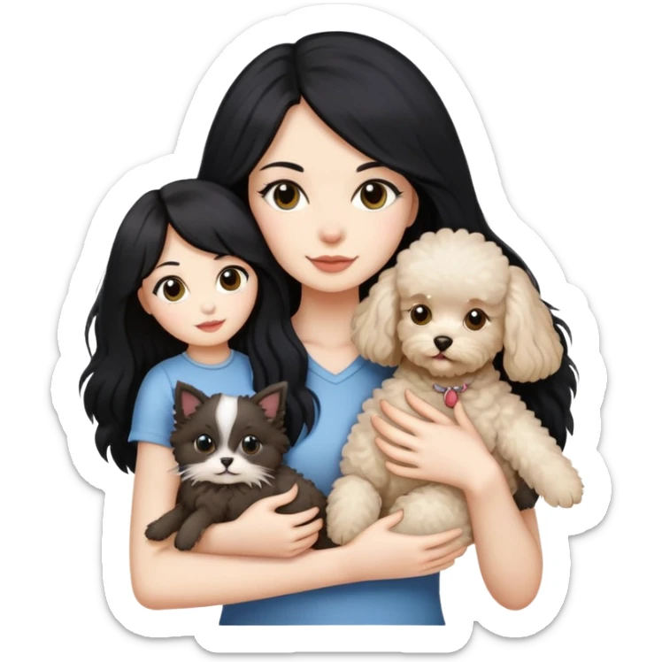 Lady with long black hair, holding 2 animals -a Ragdoll cat and a small poodle dog sticker