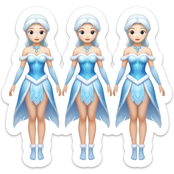 Four images of the same ice Snow Maiden character with two arms and two legs: front view, back view, side view, three-quarter view. Full body, translucent ice, winter fairy tale style, consistent design, clean anatomy. sticker