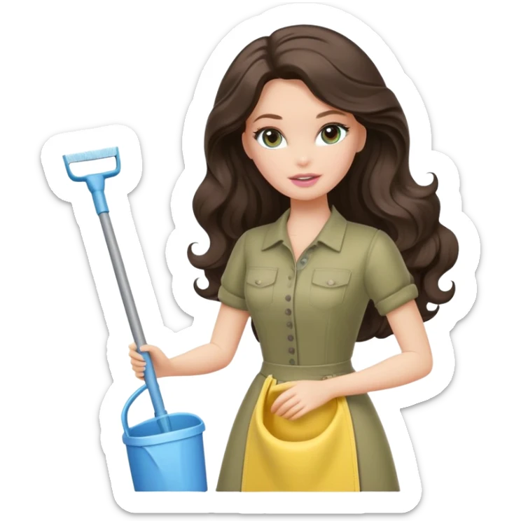 A white Barbie girl with long dark brown wave hair in a pale olive clothes doing cleaning sticker