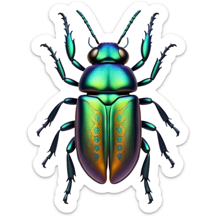 Cinematic Noble Beetle Portrait Emoji, Poised and robust, with a shiny, metallic exoskeleton in deep, iridescent hues and intricately detailed patterns, sharp, focused eyes and a sturdy, commanding form, Simplified yet sharply defined features, highly detailed, glowing with a cool, reflective luminescence, high shine, intelligent and resilient, stylized with an air of natural armor, focused and alert, soft glowing outline, capturing the essence of a watchful beetle that appears ready to crawl out of the screen with effortless strength! sticker