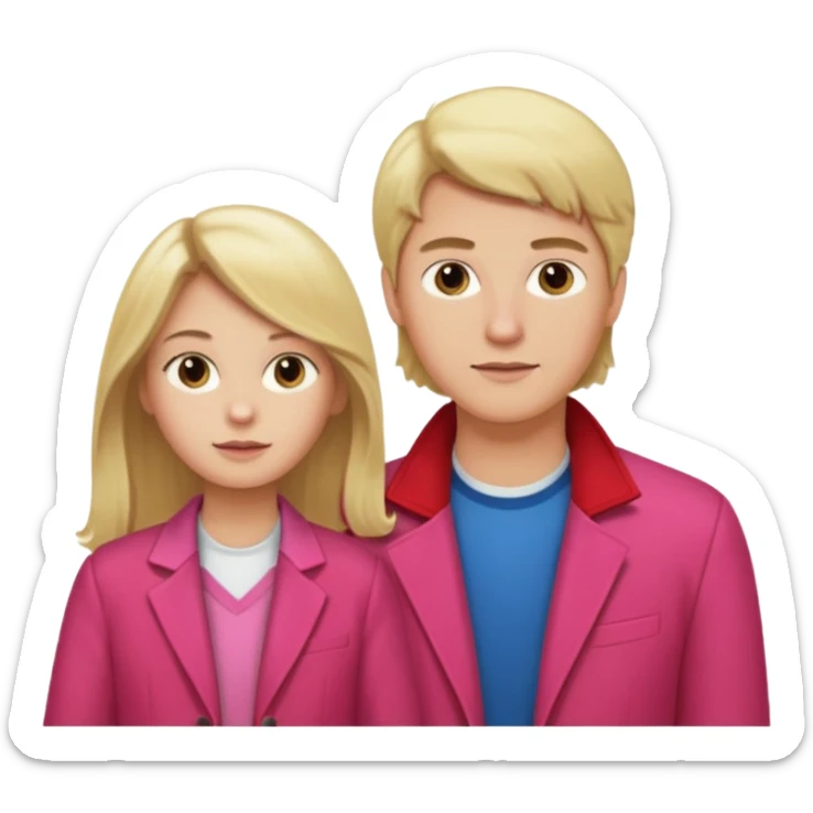 Mulher loira usando blusa rosa e seu filho, um garoto de cabelo castanho comprido usando uma jaqueta vermelha  sticker