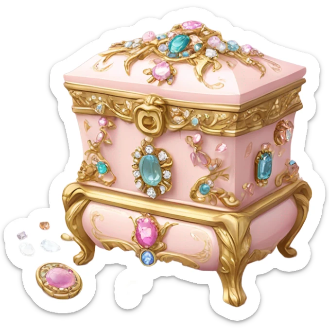 Pale Pink rococo style jewelry box filled with jewels and diamonds sticker