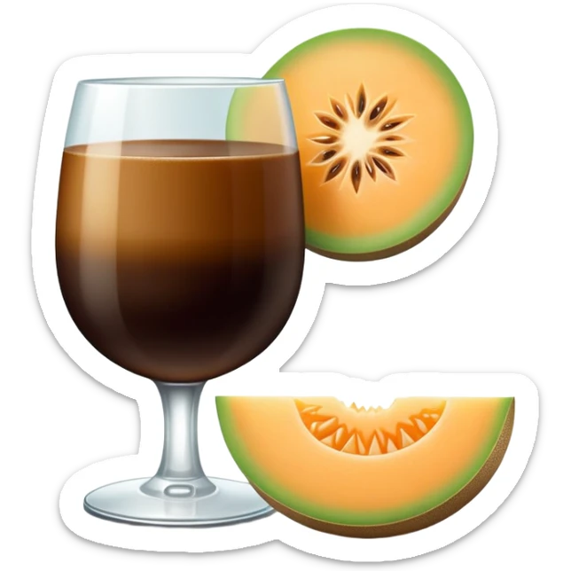 dark coffee carajillo drink in a glass with a slice of cantaloupe melon on the side sticker
