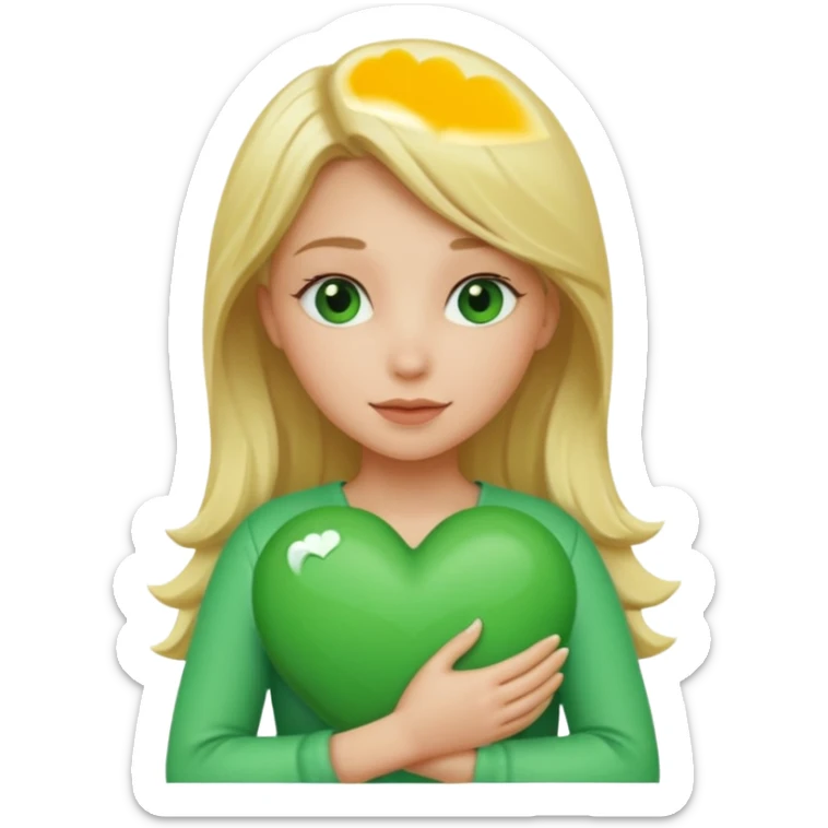 A hug emoji of a blonde women that hugs a green hearth sticker