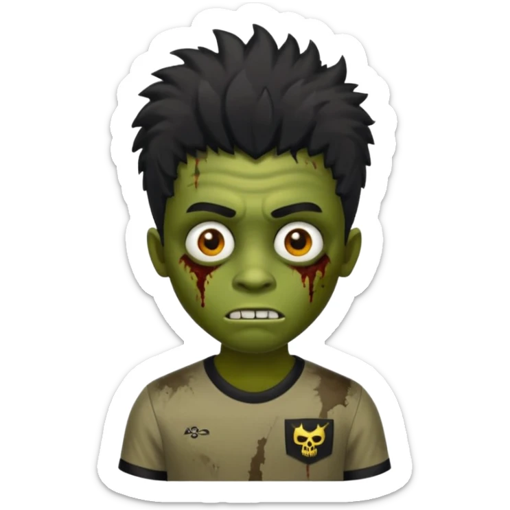 crie um zumbi menino bonito, com aparencia jovem igual, com cabelo preto, curto, com franja, o estilo do cabelo do zumbi seria o mesmo dos meninos de cabelo liso bagunçado do pinterest, faça ele com uma camisa preta sticker