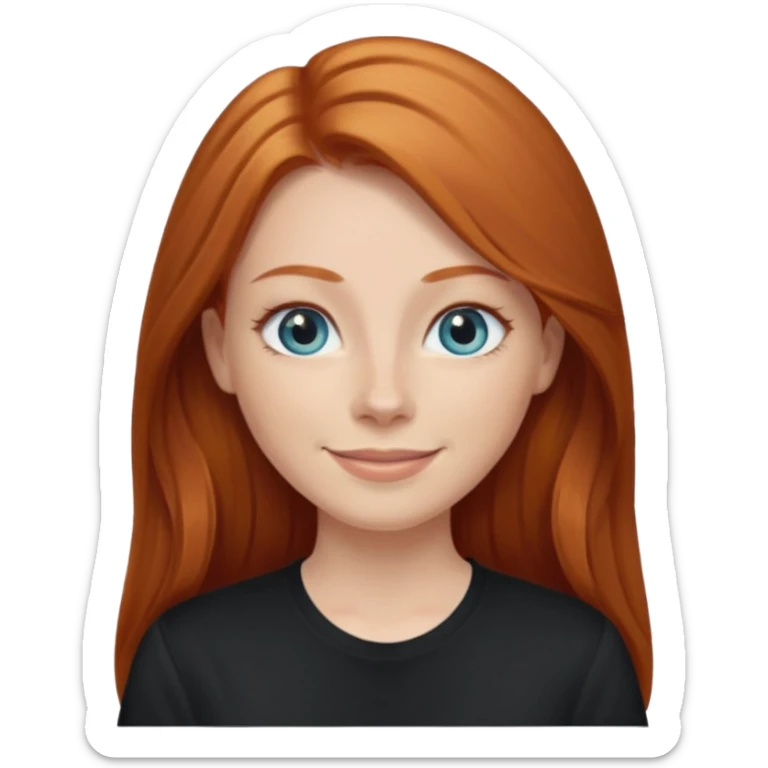 Ginger head woman with long hair and lightblue eyes, straight nose, almond eyes, black shirt,  sticker