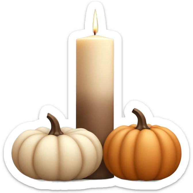 Candles and pumpkins emoji: A trio of soft beige pillar candles surrounded by mini cream and muted brown pumpkins, arranged in a clean, modern style. sticker