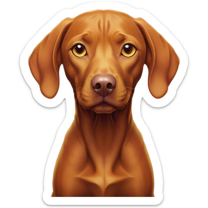 Cinematic Noble Vizsla Portrait Emoji, Poised and regal, with a sleek, athletic build and a short, smooth Fur of rust and gold, deep-set soulful amber eyes, Simplified yet sharp and sophisticated features, highly detailed, glowing with a soft, dignified glow, high shine, intelligent and agile, stylized with an air of determination, focused and attentive, soft glowing outline, capturing the essence of a watchful and confident companion, so majestic it feels as though it could sprint out of the screen with effortless authority! sticker