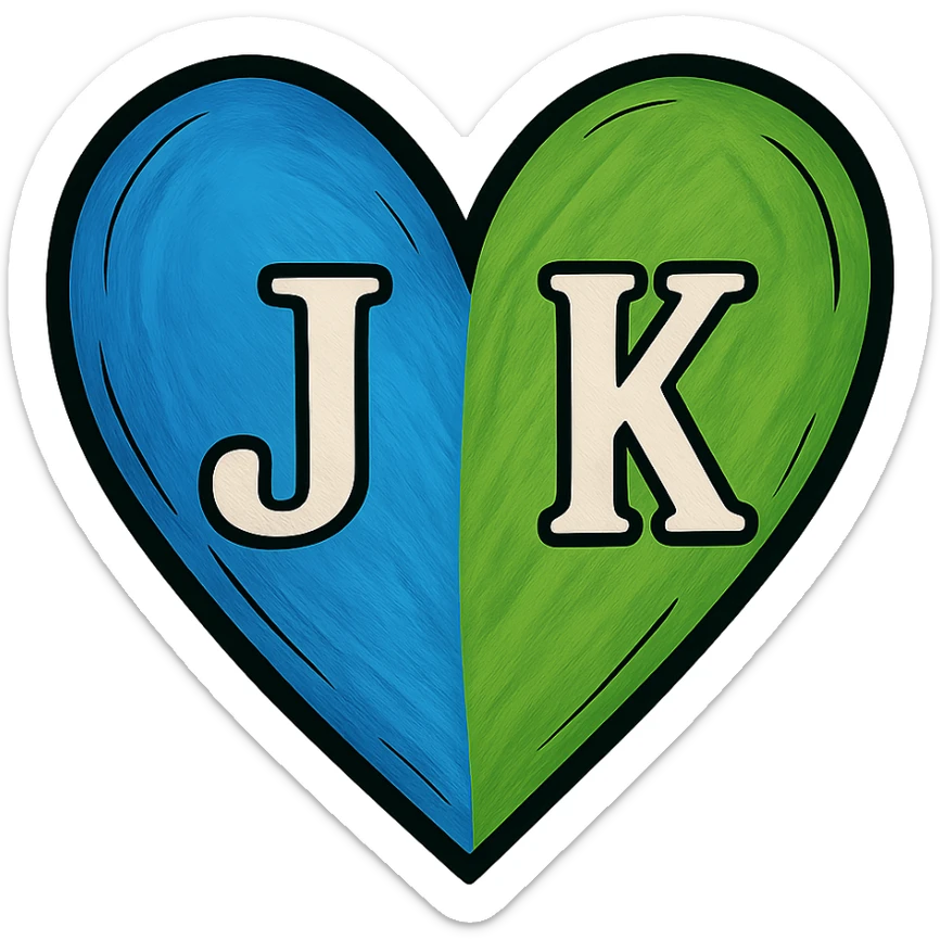In the blue and green heart, place the letter J on the blue part and the letter K on the green part, maintaining an illustrative style with a transparent background. sticker