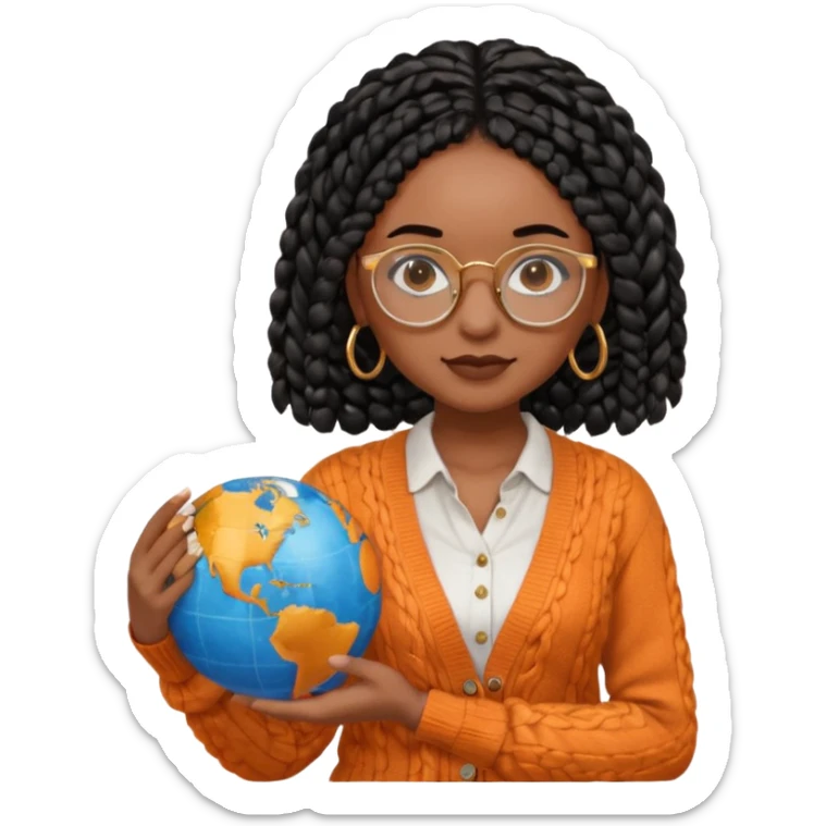 a young woman wearing fine gold round glasses and black hair in several box braids, she has light black skin, and she's wearing a white shirt with an orange-terracotta cardigan on top. She's holding a globe in one hand sticker
