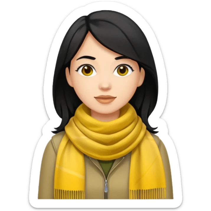woman emoji with light skin and black hair, no earrings, no necklaces, no jewelry, wearing yellow Pathfinder scarf, apple emoji style, transparent background sticker