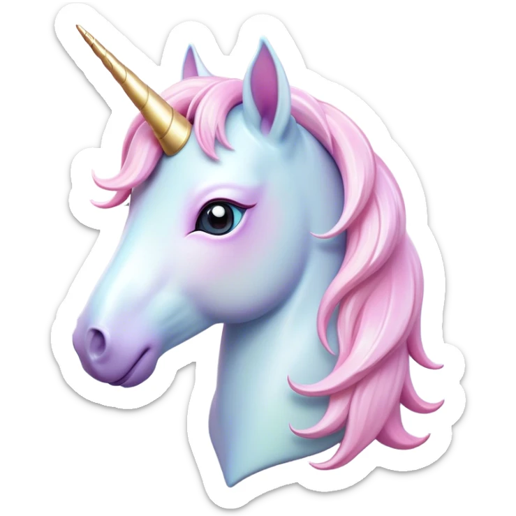 Cinematic Noble Unicorn Pony Portrait Emoji, Poised and graceful, with a delicate, miniature equine build adorned with a soft, pastel color, a tiny, shimmering horn and a silky mane that hints at magical charm, Simplified yet sharp and sophisticated features, highly detailed, glowing with a soft, enchanted glow, high shine, intelligent and spirited, stylized with an air of fairy-tale elegance, focused and poised, soft glowing outline, capturing the essence of a watchful and confident unicorn pony that appears ready to trot out of the screen with graceful magic! sticker