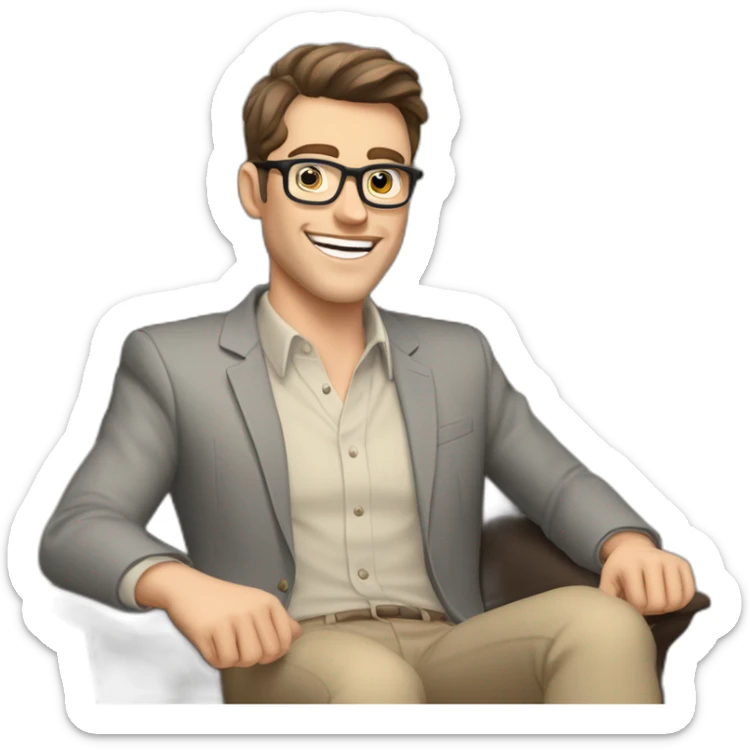 Joyful Celebrating victory Hands up Pale skinned Fit Man With dark brown hair in gray jacket, beige office shirt, Brown pants and vintage glasses sitting In a soft chair sticker