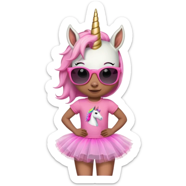 friendly anthropomorphised female unicorn with horse-like face, in tutu and pink t-shirt, wearing dark sunglasses, standard pose, close-crop head and shoulders sticker