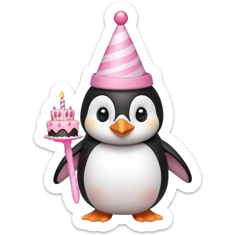 cute penguin with birthday hat hold a birthday pink cake in arms sticker