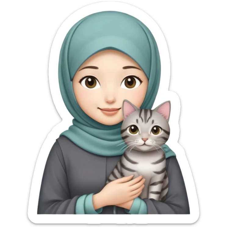 Asian White girl wearing cute hijab holding a black grey tabby cat while standing smiling.  sticker