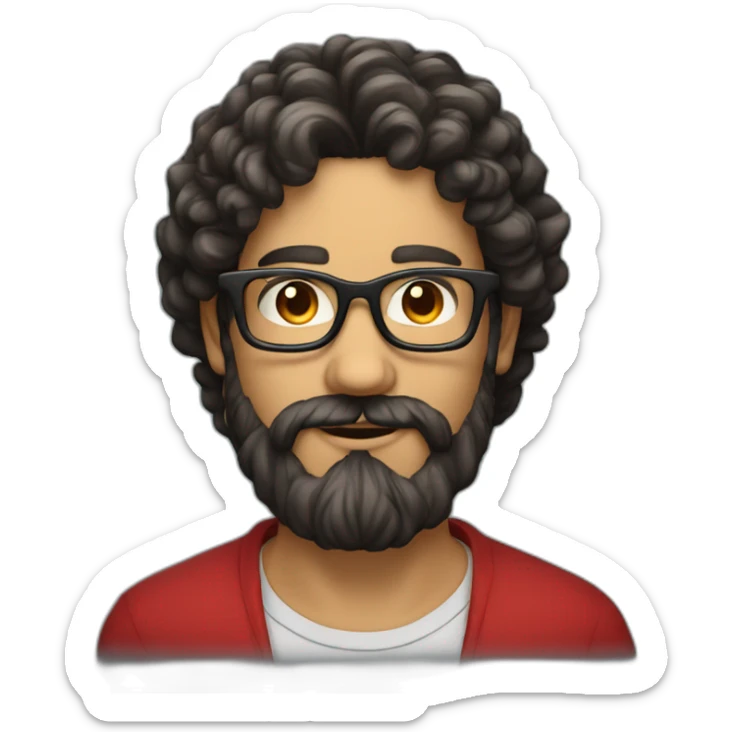 man with beard and very very long curly dark hair, wearing red square glasses sticker