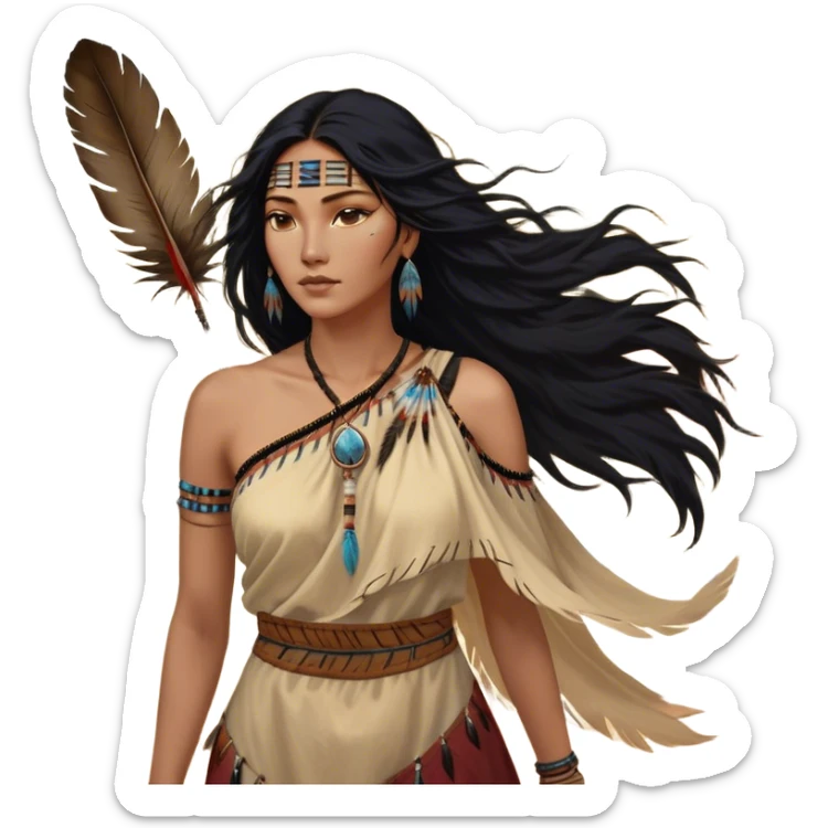 Cinematic Realistic Pocahontas Portrait, depicted with lifelike skin texture, soft natural lighting, and intricately detailed long, flowing raven-black hair that moves gracefully in the wind. Her deep, soulful dark brown eyes exude wisdom and strength, complemented by a serene yet powerful expression. She is shown gently holding a feather in one hand, her other hand resting lightly at her side, embodying the harmonious balance between nature and herself. She is dressed in her classic one-shoulder native American dress, with rich fabric textures and delicate beaded details that catch the light beautifully. The portrait features a soft, sun-kissed glow with a natural, radiant finish, capturing the essence of untamed beauty and deep connection to nature in a realistic and painterly style, evoking a sense of depth and authenticity. sticker