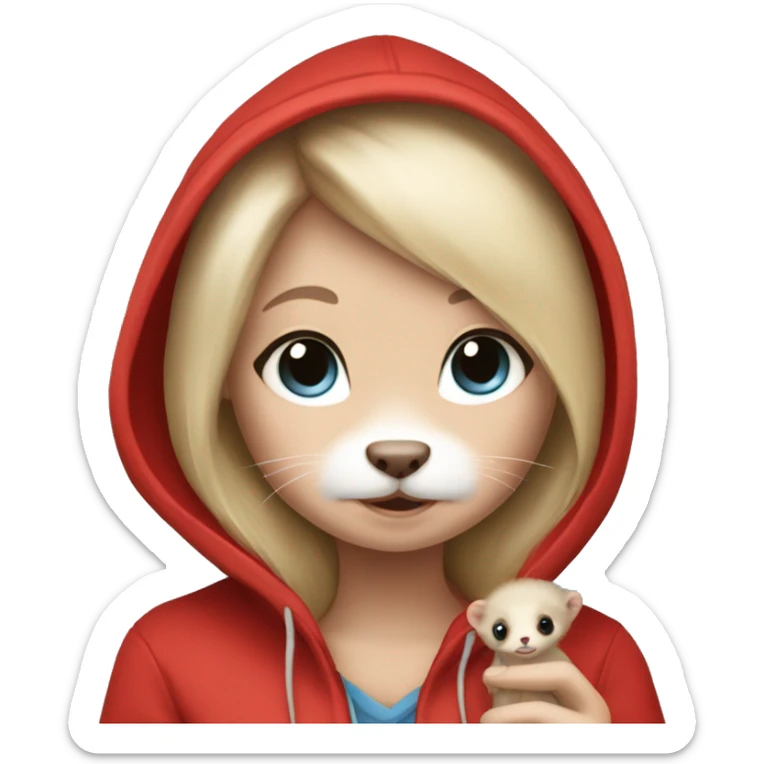 Ferret in hands of a blond girl with blue eyes and kind eyelashes in red hoodie  sticker