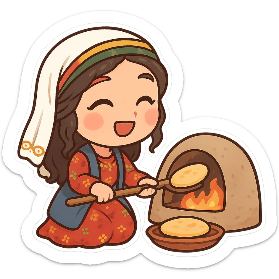 cartoon sticker of a Kurdish woman in traditional female clothing, happily baking bread in a rural clay oven, traditional and joyful scene, no text, suitable for WhatsApp and Instagram, transparent background sticker
