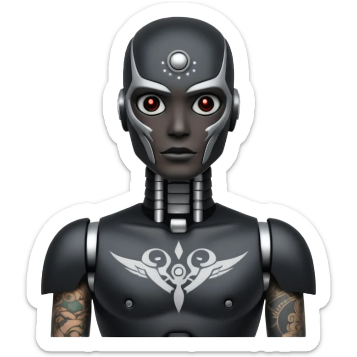 black metal Tatooed robot with rada, big many tatooes on chest, neck and face, white tatoo on face sticker