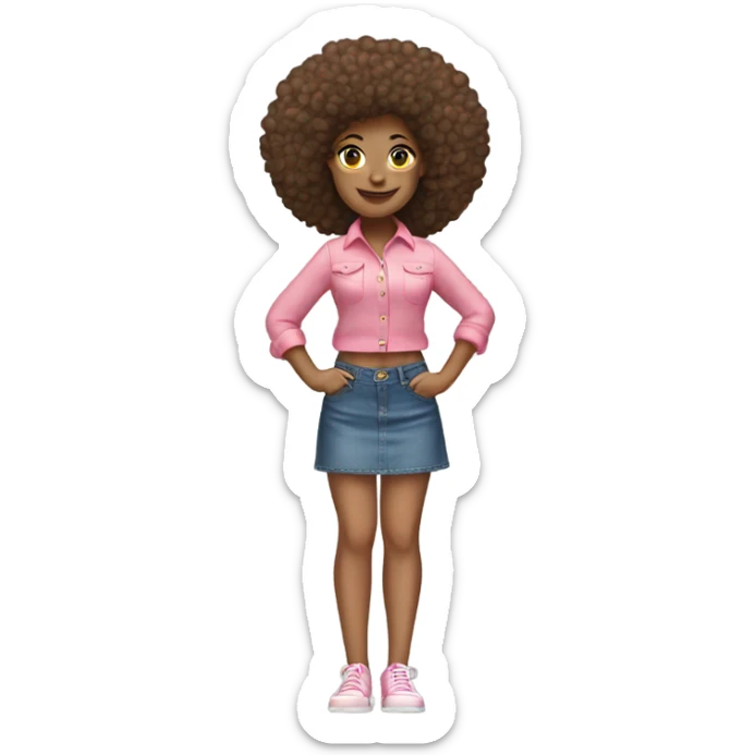 Tan girl with Afro and pink button top and jean skirt full body posing sticker