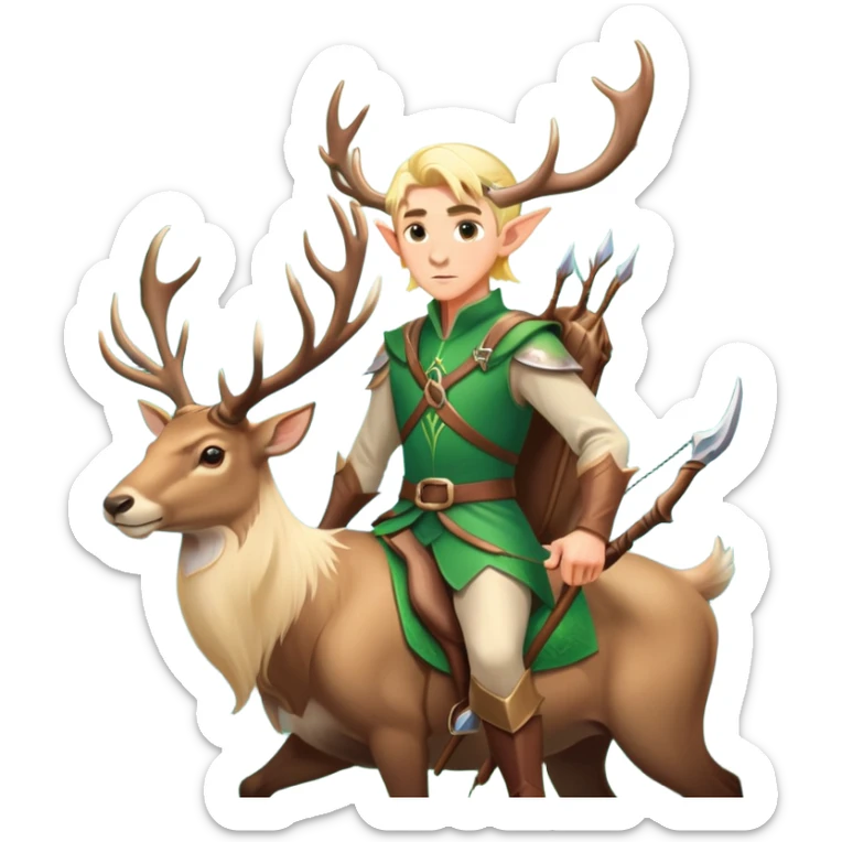 clash-of-clans-aesthetic-blond-male elf-archer-portrait-emoji, rendered in a flat, vector-style with minimal shading and bold, simplified shapes, head tilted slightly forward with a determined, focused expression, riding a majestic stag whose luminous antlers glow with mystical energy, set against an ancient, enchanted forest backdrop. sticker