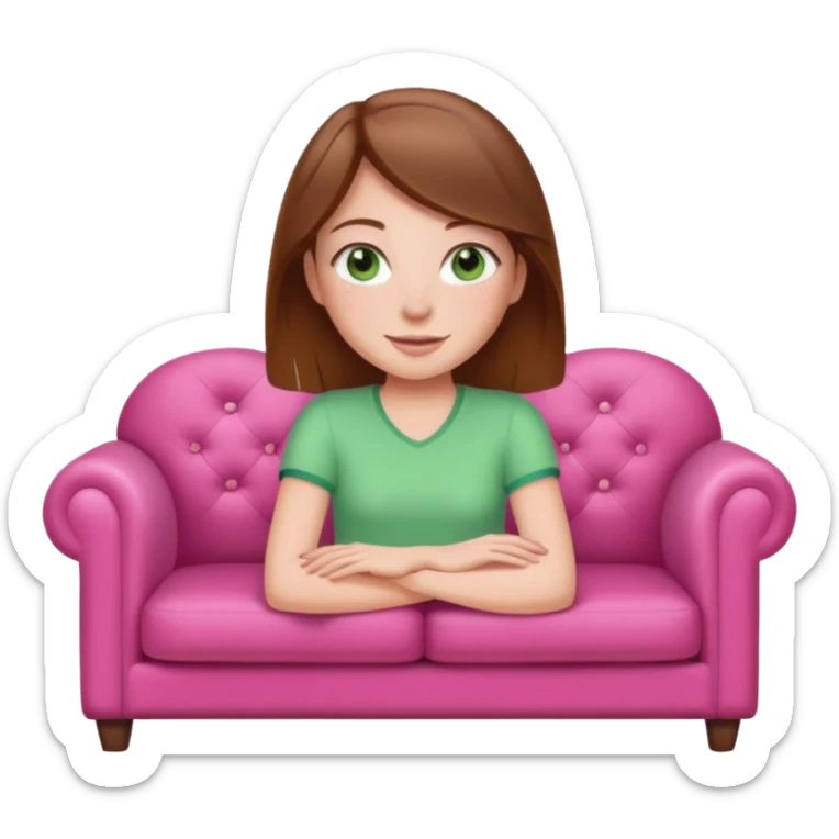 ￼ Happy ￼White girl, brown hair with green eyes and freckles sitting on the couch and the couch is pink ￼￼ sticker