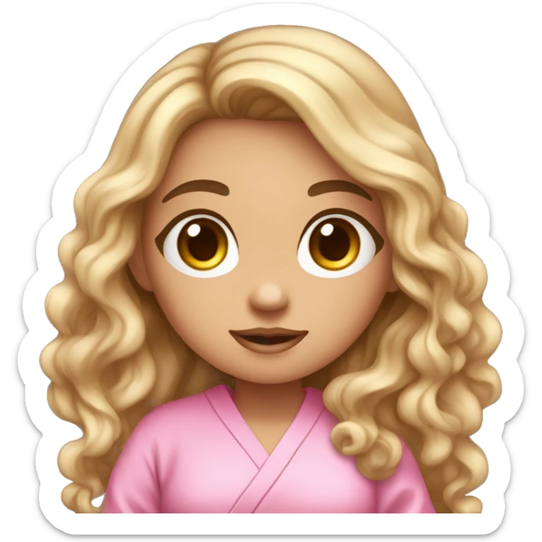 emoji reaction very cute female with long dark brown wavy hair and very large eyelashes with big eyes and cute with little body wearing a pink robe and holding a shampoo in her hand sticker
