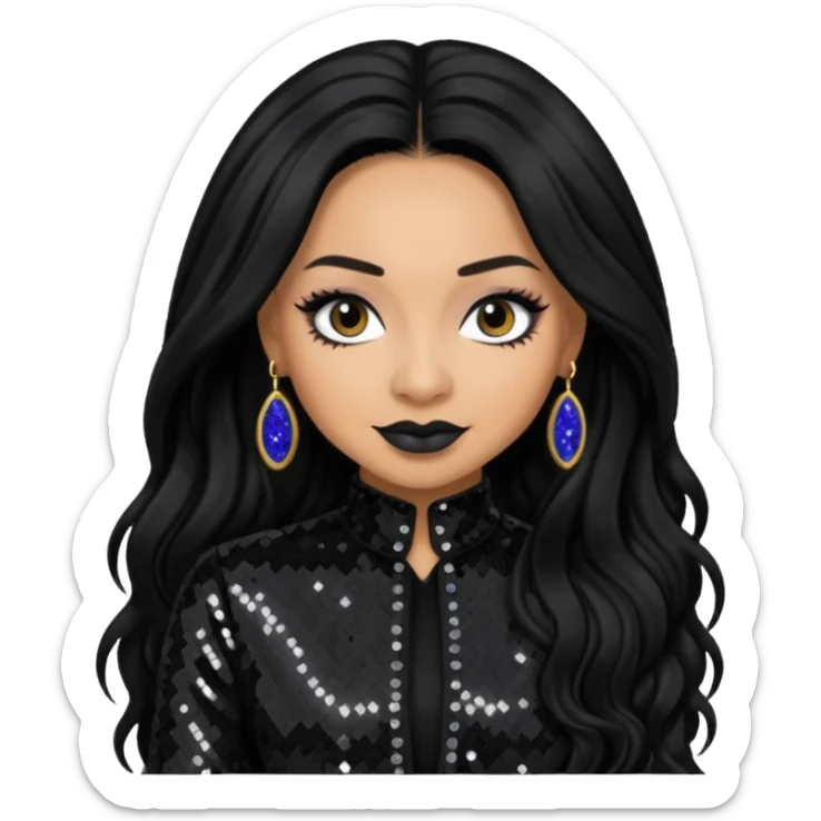 Raven Symone from Cheetah Girls with long jet black hair, black sequin outfit sticker