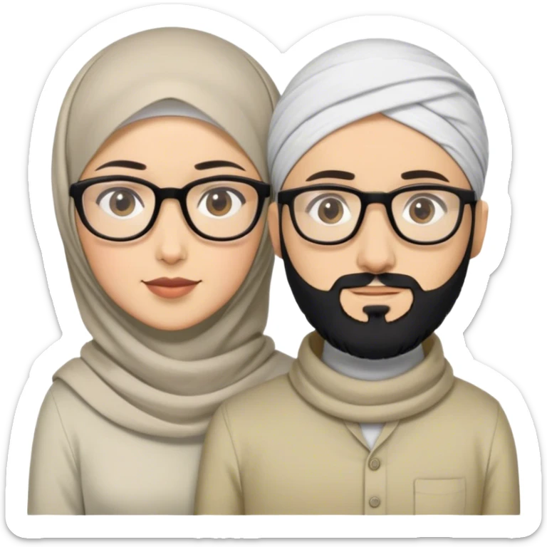modest male and female couple. male has a medium black beard, short black hair, and glasses. female wear hijab with no hair exposed. both wearing modest clothing. sticker