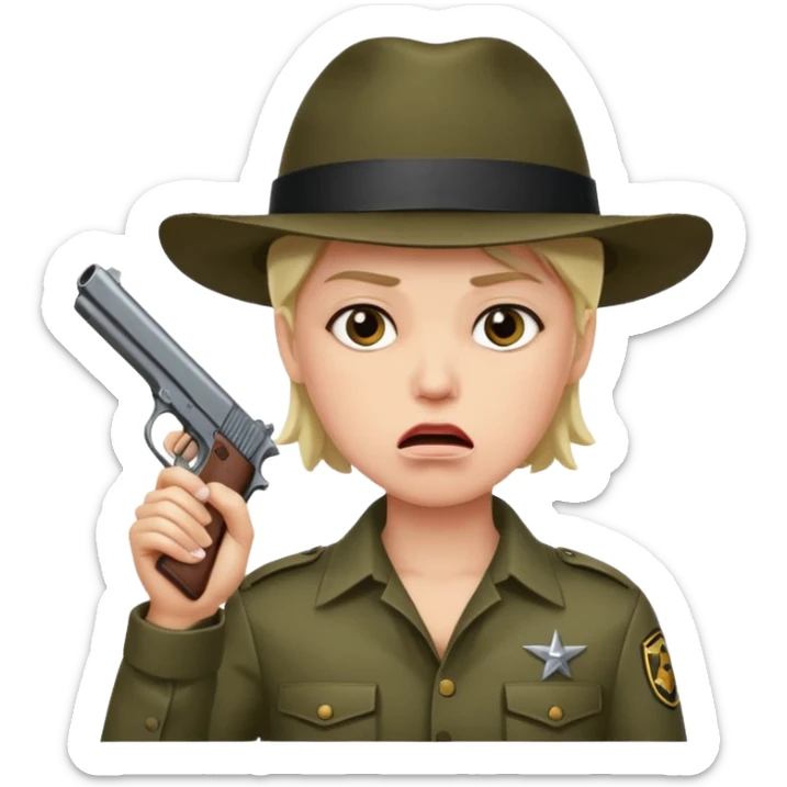 Someone frowning with their hand up in surrender holding a gun to their mouth sticker