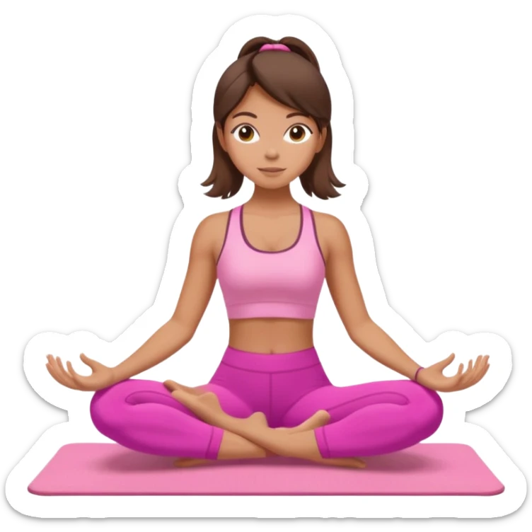 A tanned girl with brunette hair in her 20’s doing Pilates wearing a ALO pink workout set  sticker