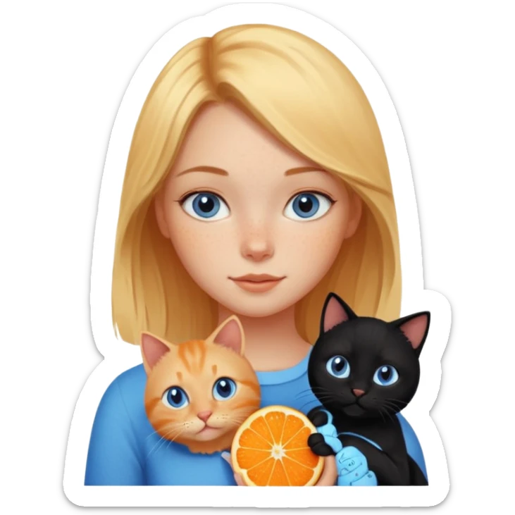 Cute blonde girl with freckles and blue eyes holding an orange cat and a black cat sticker