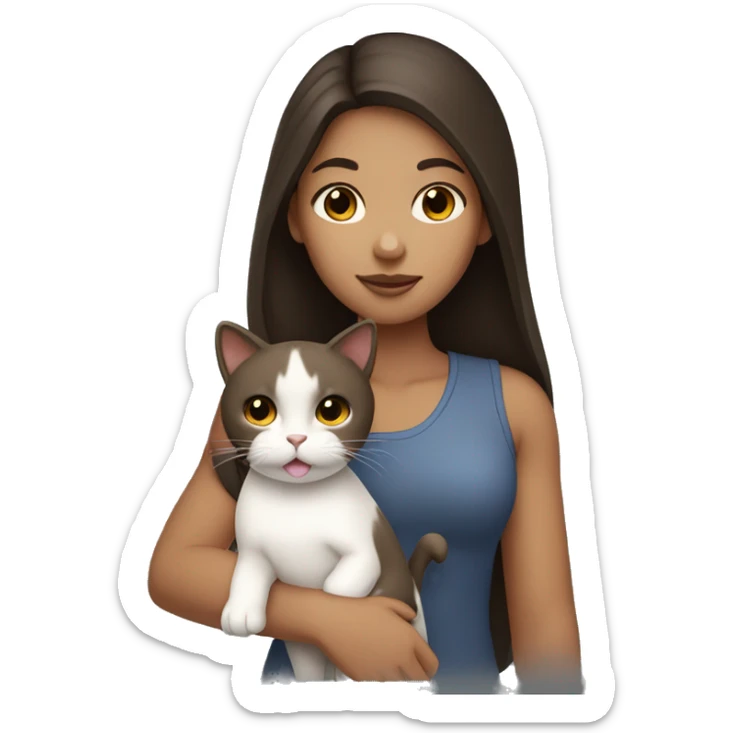 Tan girl with dark brown hair holding a white cat sticker