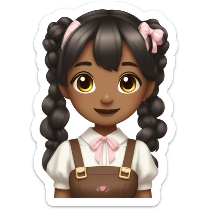 Brown skin shiny blushing cute kawaii pastel lolita anime catgirl pigtails trending style cottagecore  black hair sticker