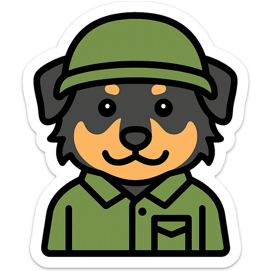 black-tri Mini American Shepherd in a camo green soldier uniform and green helmet sticker