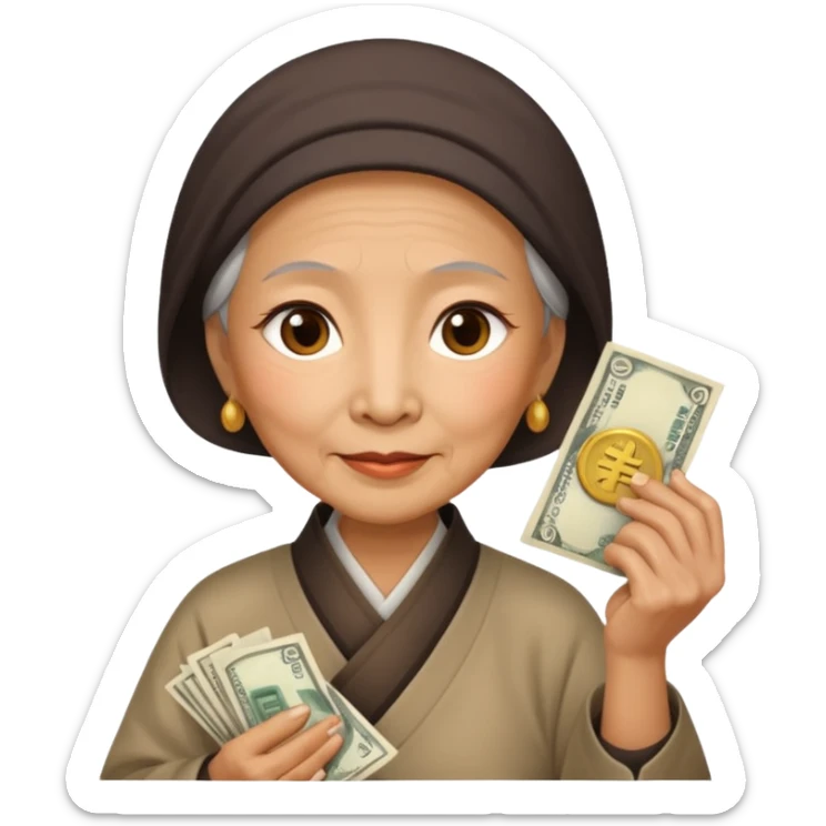 old chinese woman with Compassion - sympathetic concern for the sufferings of others, offering money sticker