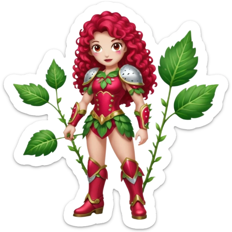 full body woman long curly brown hair brown eyes white skin tattoos muscular build dressed as strawberry spirit, glossy berry armor, leaf boots, confident pose sticker
