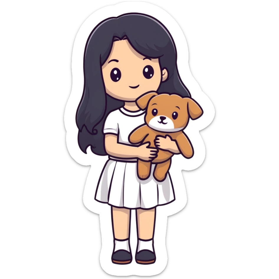 beautiful girl with long straight black hair wearing a white skirt holding a small brown curly teddy dog sticker