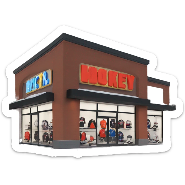“Hockey store exterior with bold signage, large windows displaying hockey equipment, jerseys, and gear, and a sleek, sporty design that captures the essence of the sport.” sticker