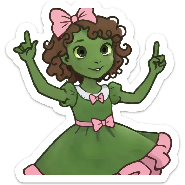 brown girl with long brown curly hair and bows in her hair waving wearing pink  sticker