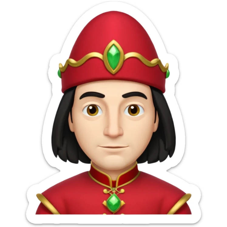lord farquad avec un chapeau rouge plat sur le dessus, il a un vetement rouge avec des manches bouffantes rouge et dorée sticker