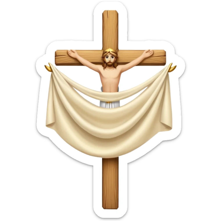 Cross made of wood, the top of the tip of the cross, a golden cross, and a white cloth hanging over the two arms of the cross sticker