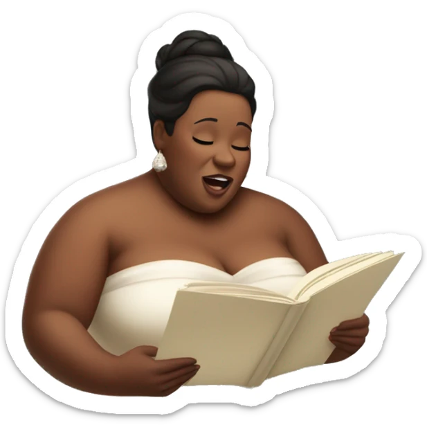 beautiful fat soprano in a simple strapless dress reading a music sheet and singing opera sticker